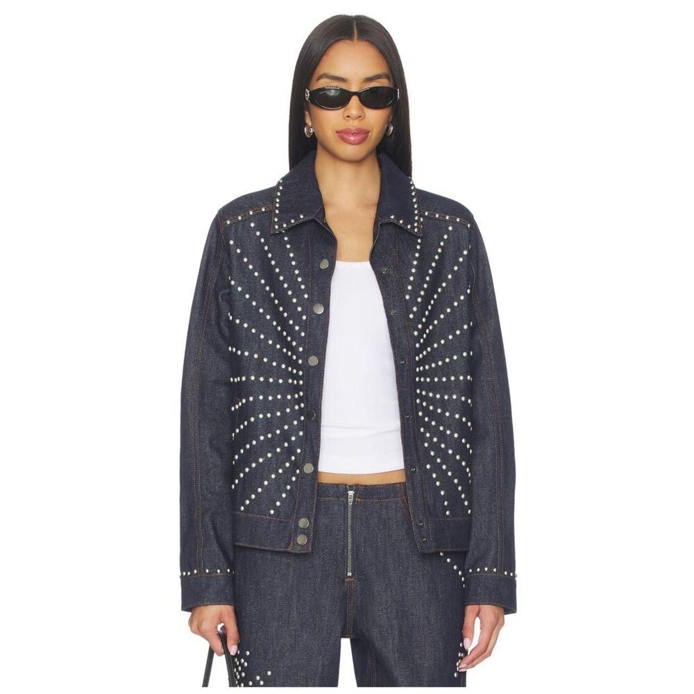 Understated Leather Sunburst Studded Denim Jacket Dark Navy Western Size L